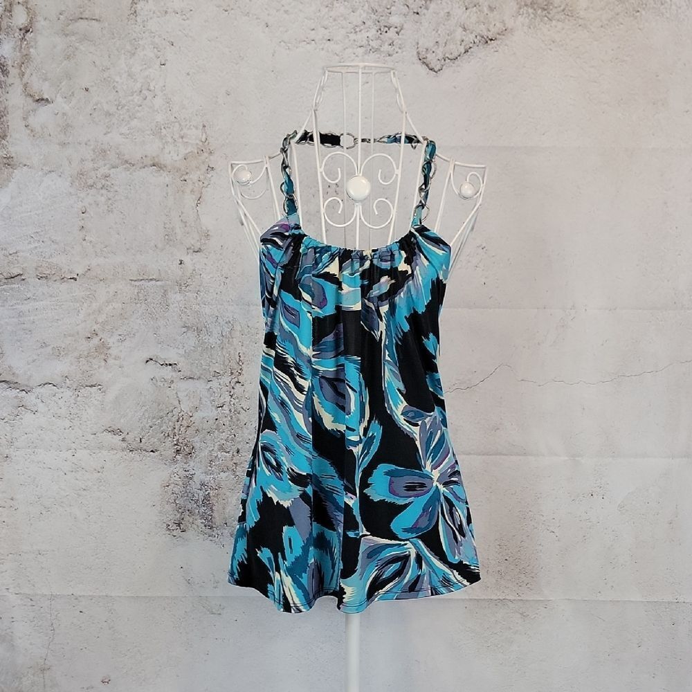 I.N.C. Floral Print Halter Top - Black and Turquoise Blue Womens Size M